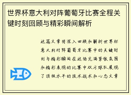 世界杯意大利对阵葡萄牙比赛全程关键时刻回顾与精彩瞬间解析